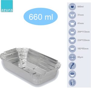 100 embalagens Alimentar Alumínio Rectangular 660 ml + Tampas PE
